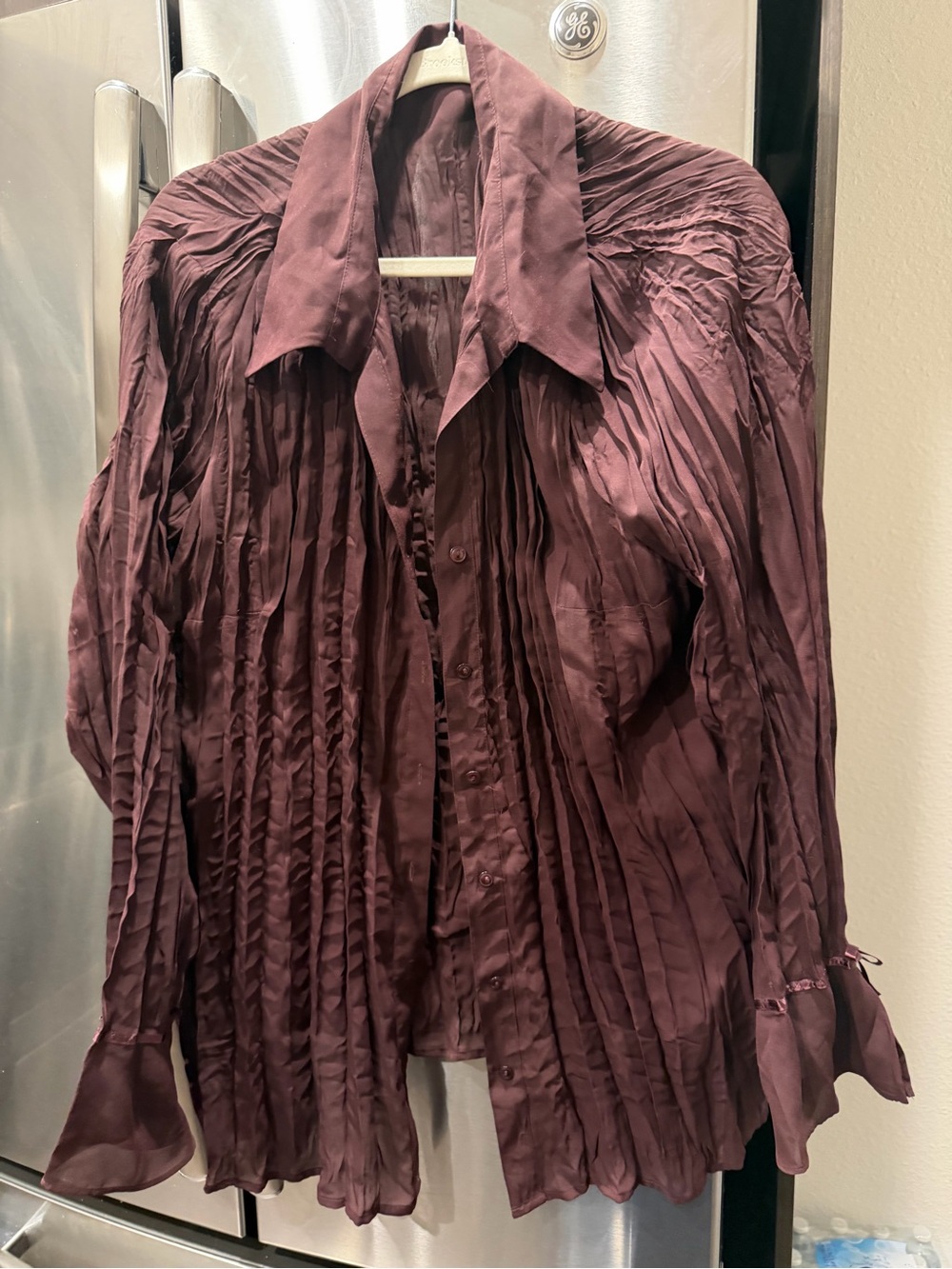Apostrophe Sheer Plum Pleated Button-Front Blouse